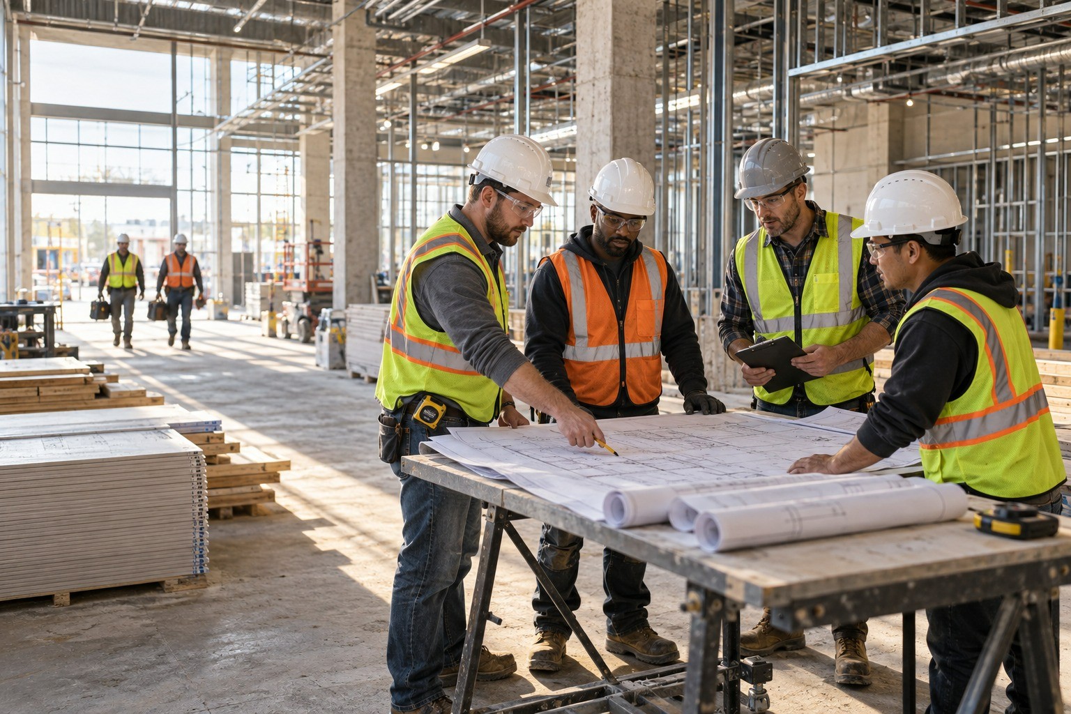 Representative construction team reviewing plans on a jobsite